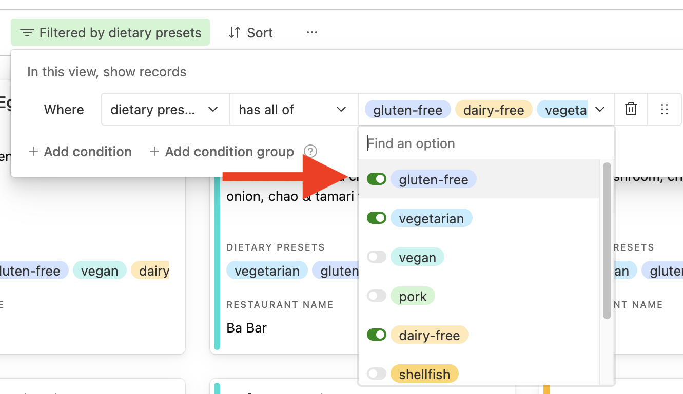 Cropped screenshot of the 'Lettuce Eat' filtering platform, with the search filter dialogue open, with a dropdown of all the dietary preset options and a red arrow pointing to the first option, which says 'gluten-free'